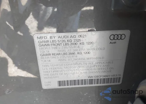 2021 Audi Q3 Premium 45 Tfsi S Line Quattro Tiptronic z USA, uszkodzony, nr VIN WA1DECF3XM1145319